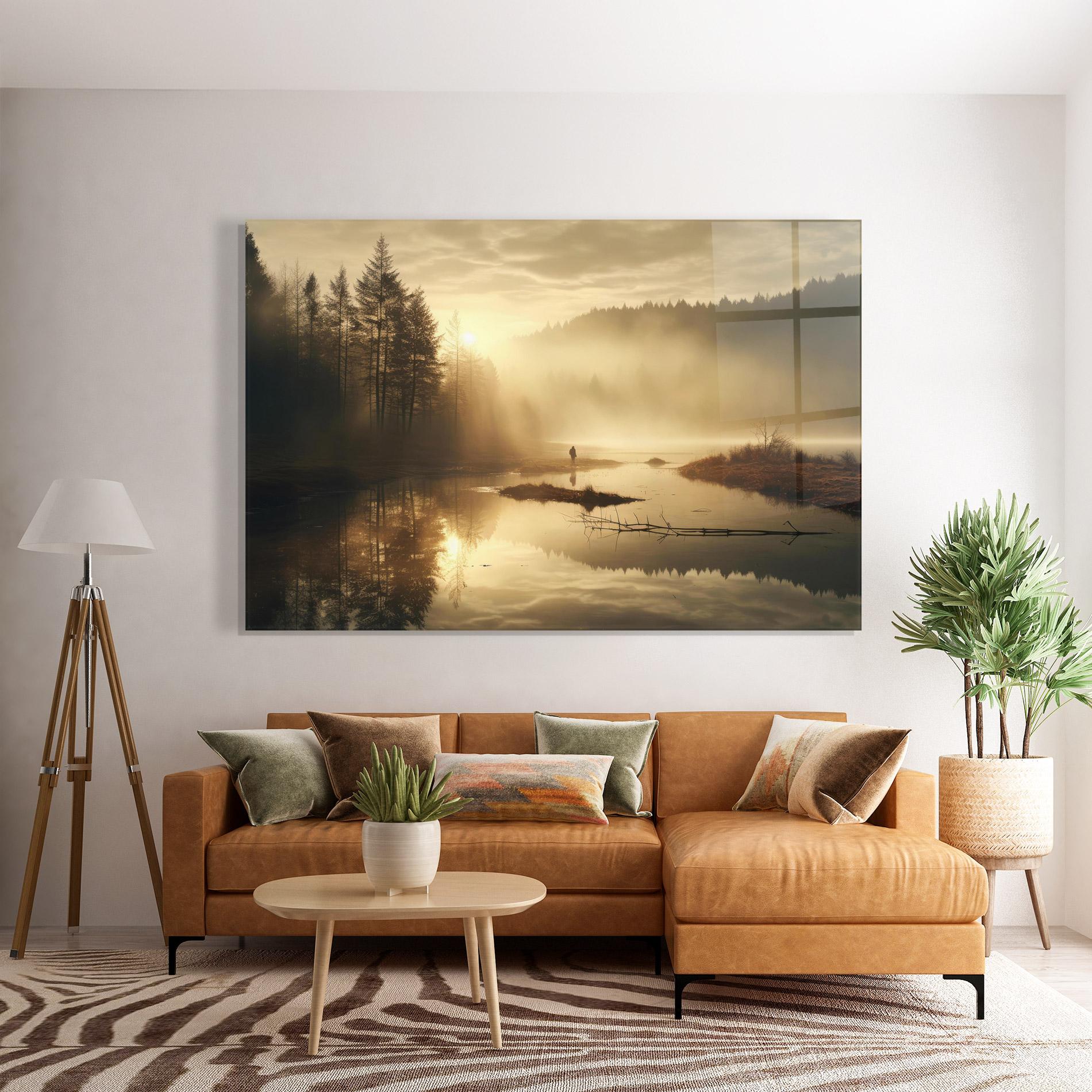 Стъклена картина The Sun Is Rising Over A River In A Foggy Forest mockup 7