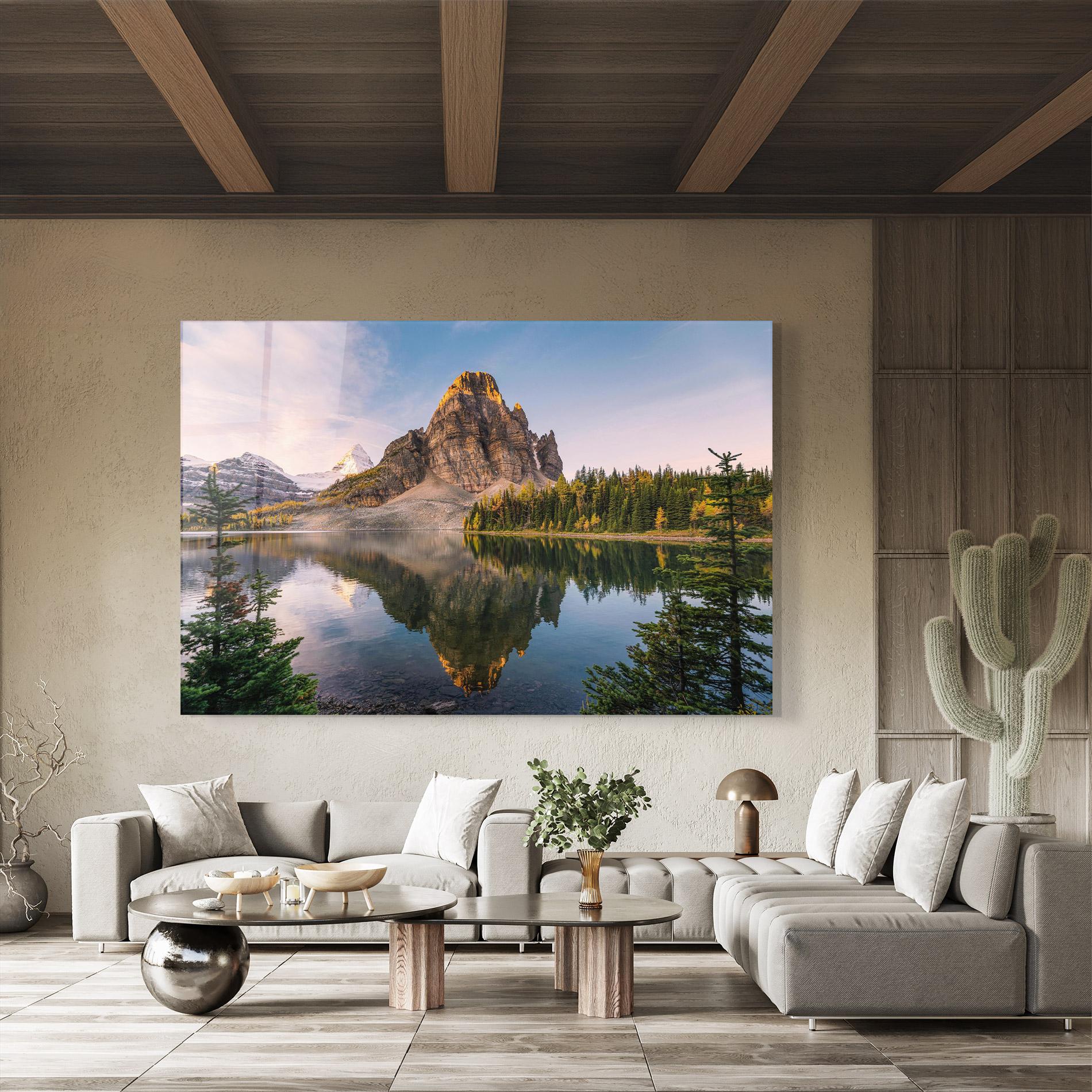 Стъклена картина Mountain Sunrise Lake mockup 8