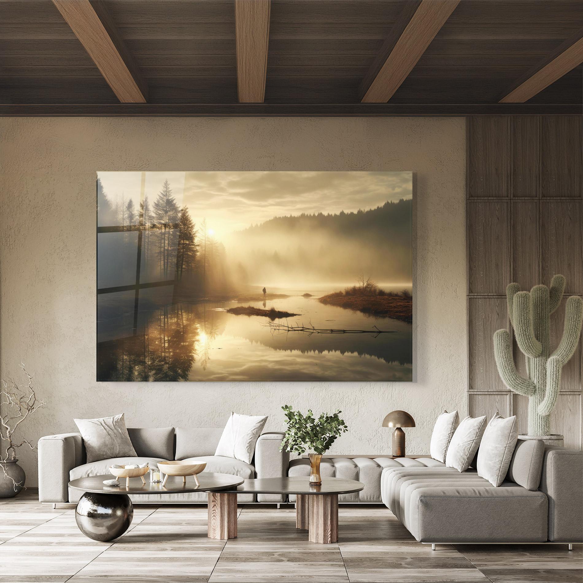 Стъклена картина The Sun Is Rising Over A River In A Foggy Forest mockup 8