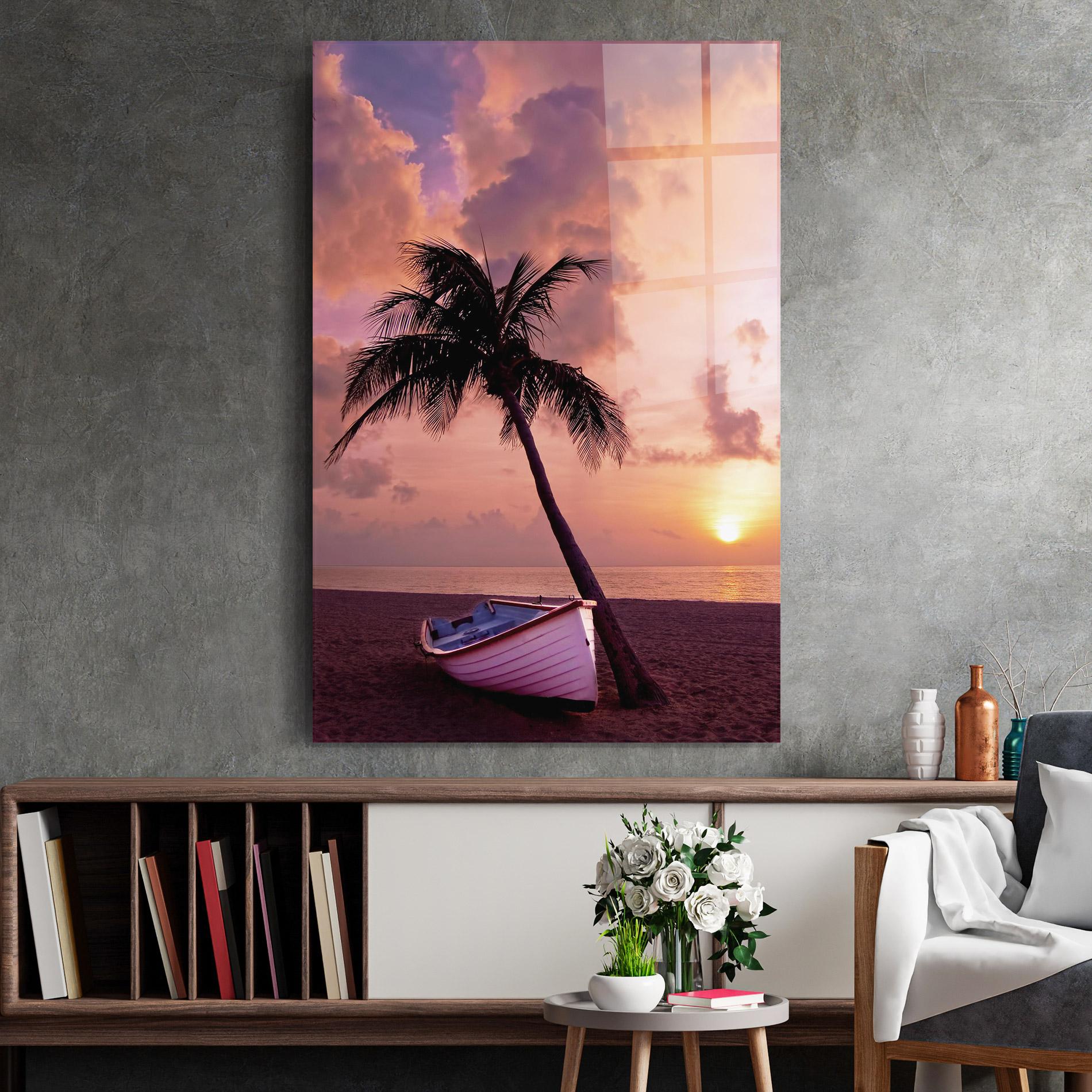 Стъклена картина Boat Purple Sunset mockup 2