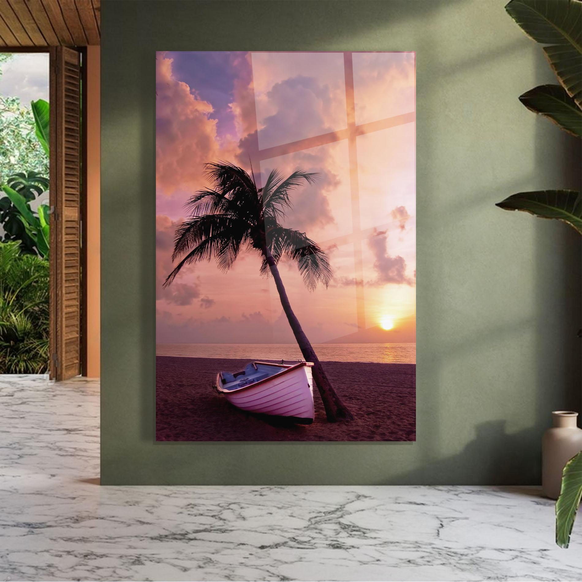 Стъклена картина Boat Purple Sunset mockup 7