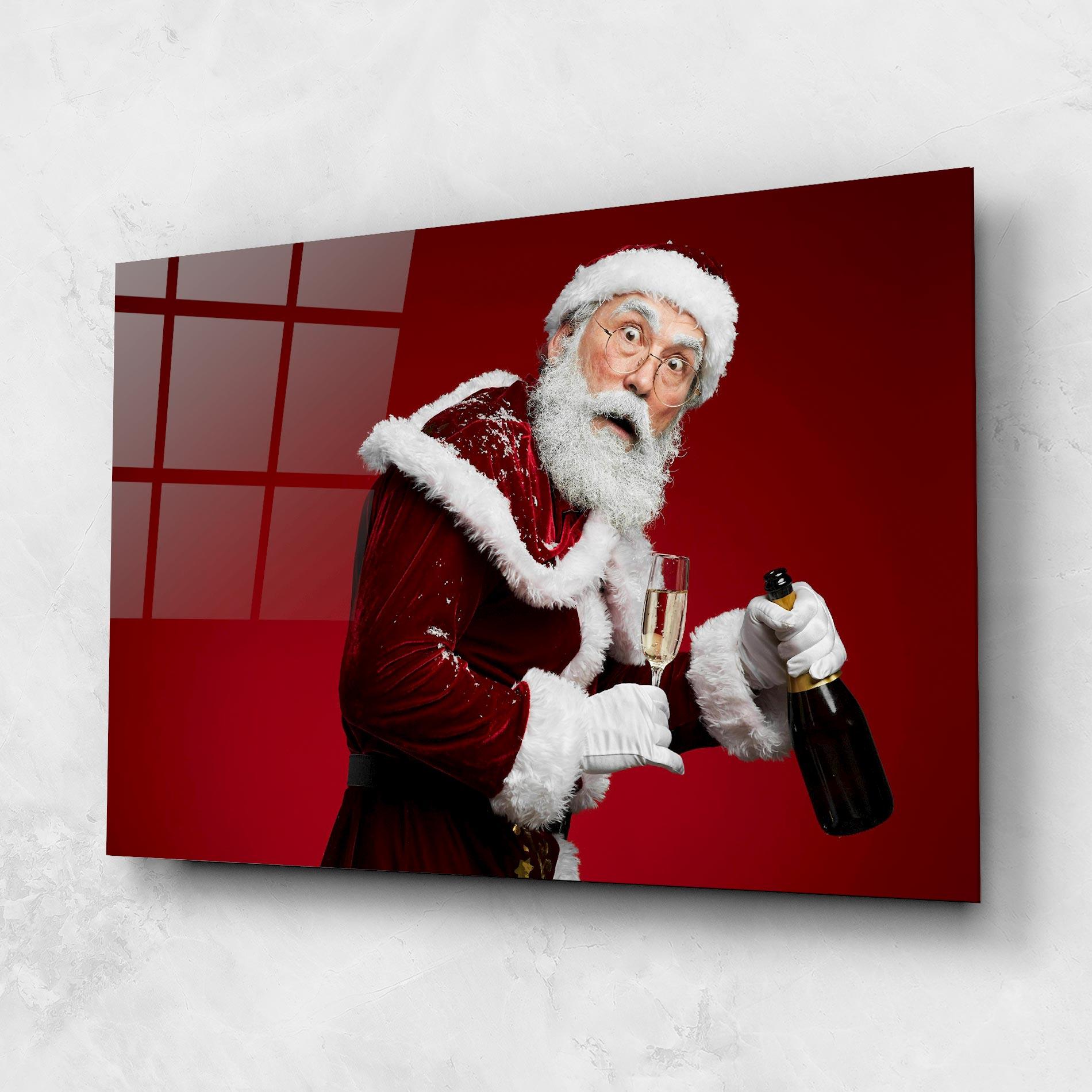 Стъклена картина Holding Champagne Santa mockup 1