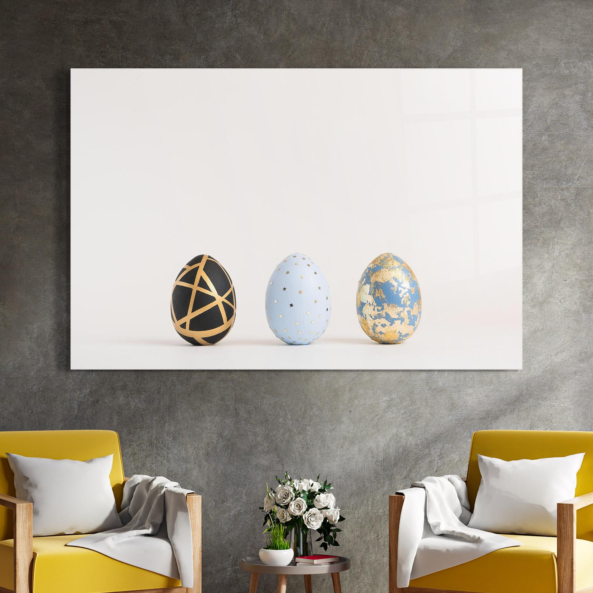 Стъклена картина Three Easter Golden Eggs mockup 4