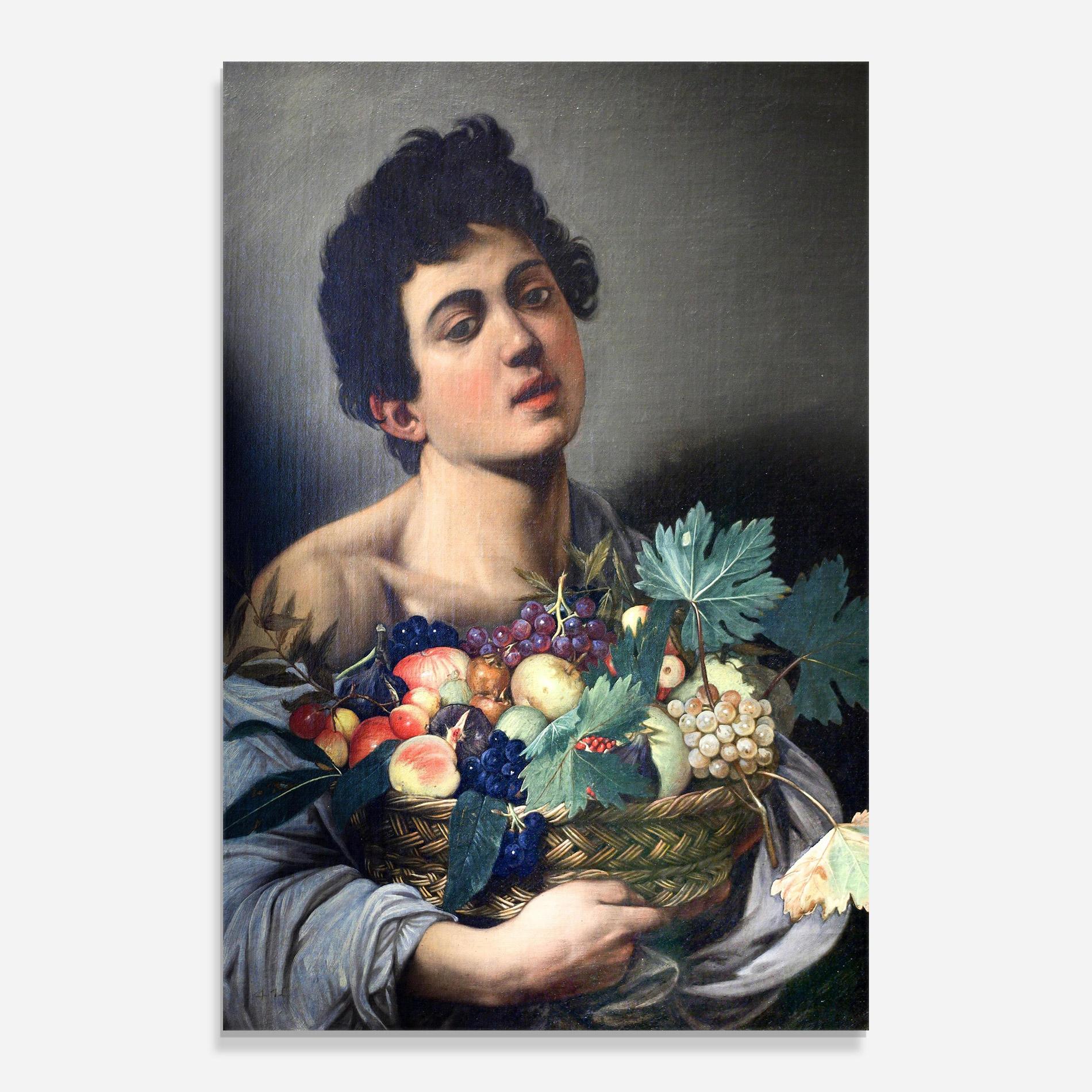 Стъклена картина Boy With A Basket Of Fruit mockup 0