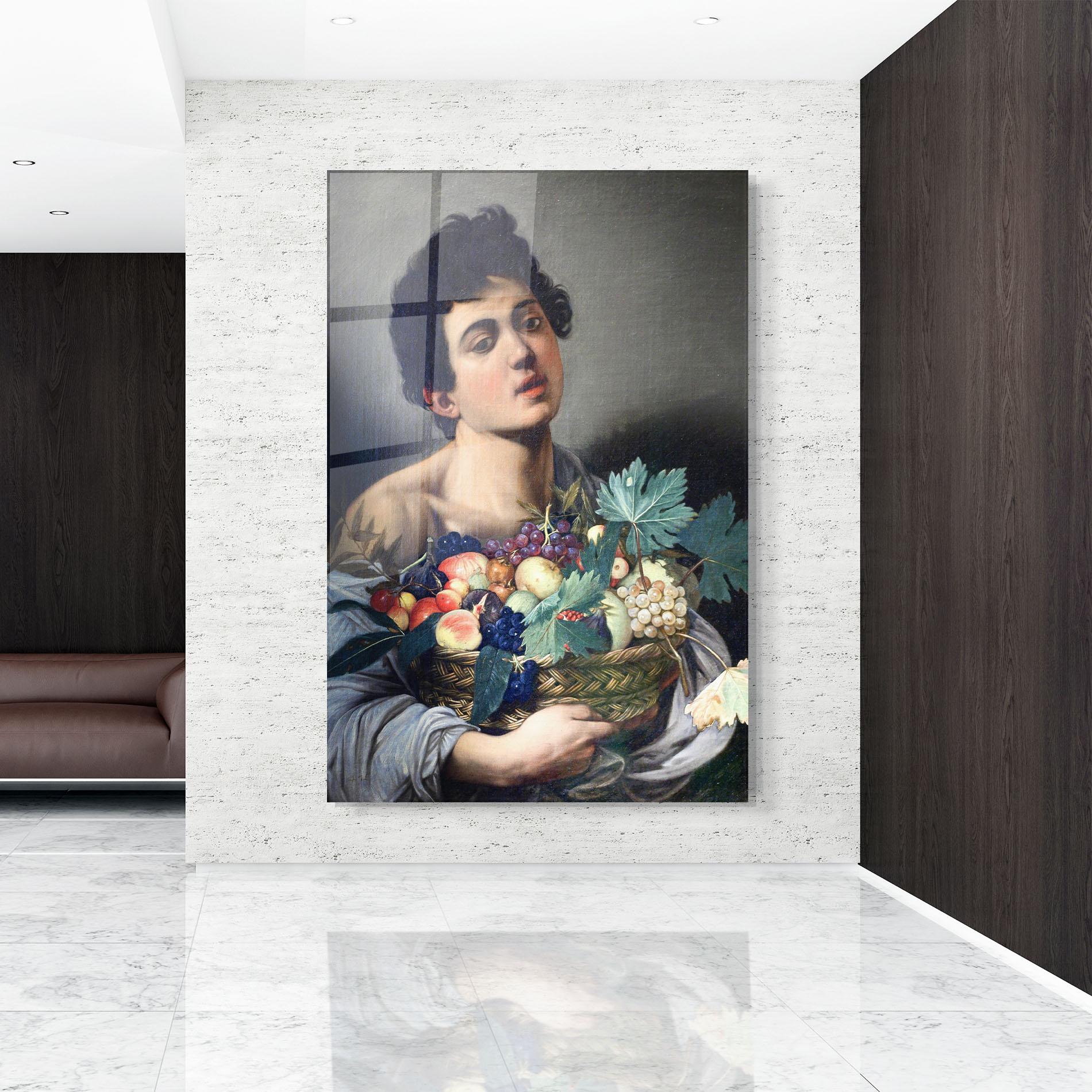 Стъклена картина Boy With A Basket Of Fruit mockup 9