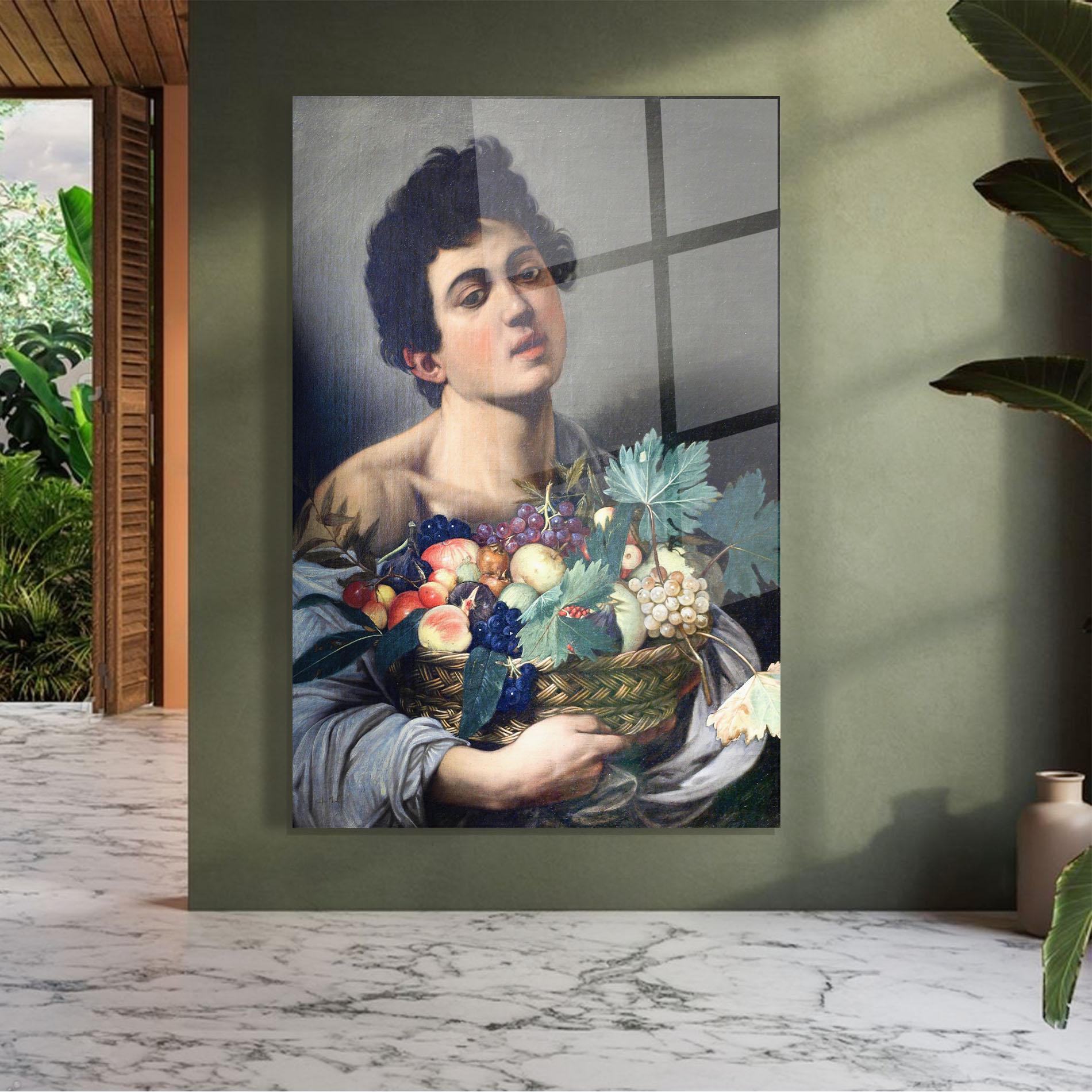Стъклена картина Boy With A Basket Of Fruit mockup 7