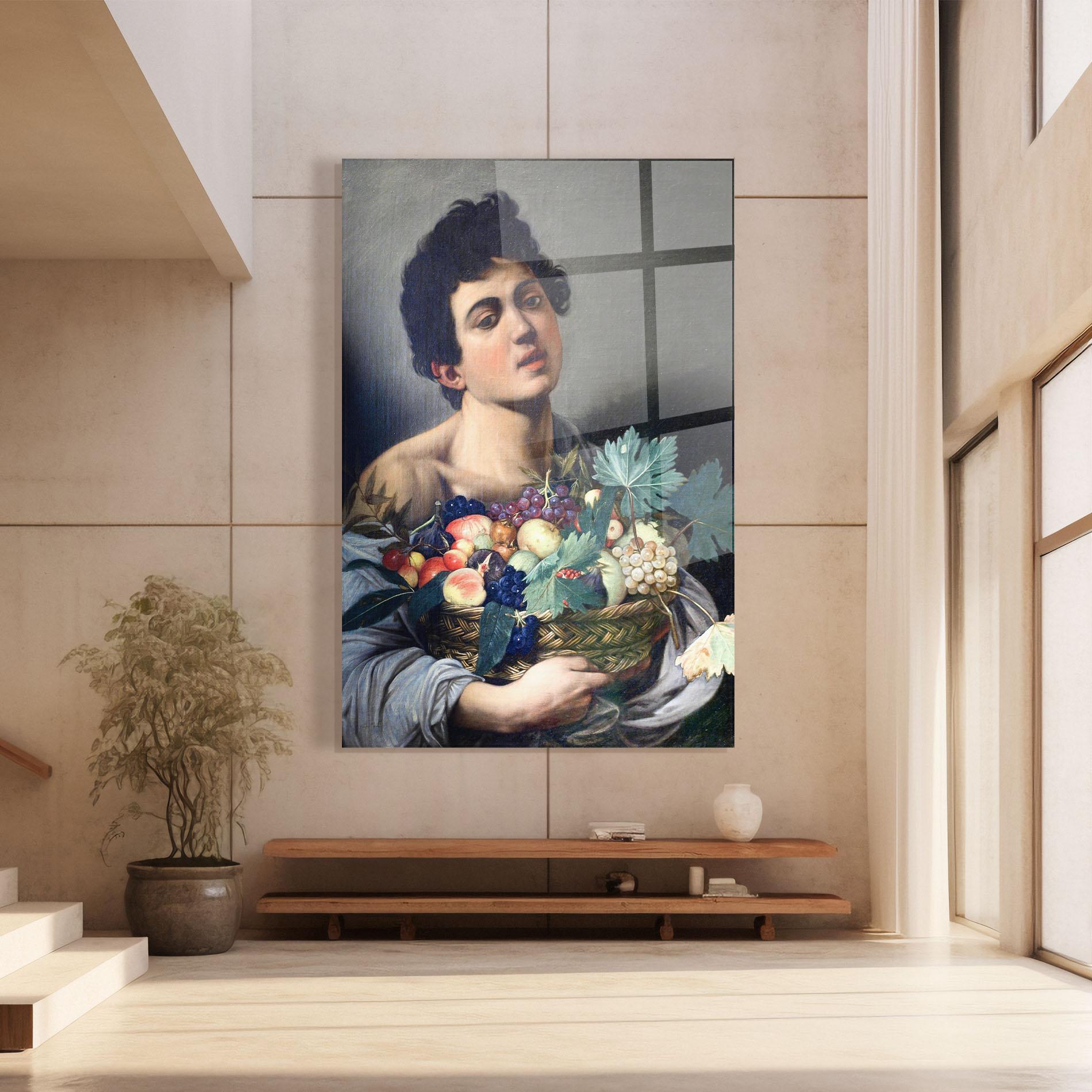 Стъклена картина Boy With A Basket Of Fruit mockup 8