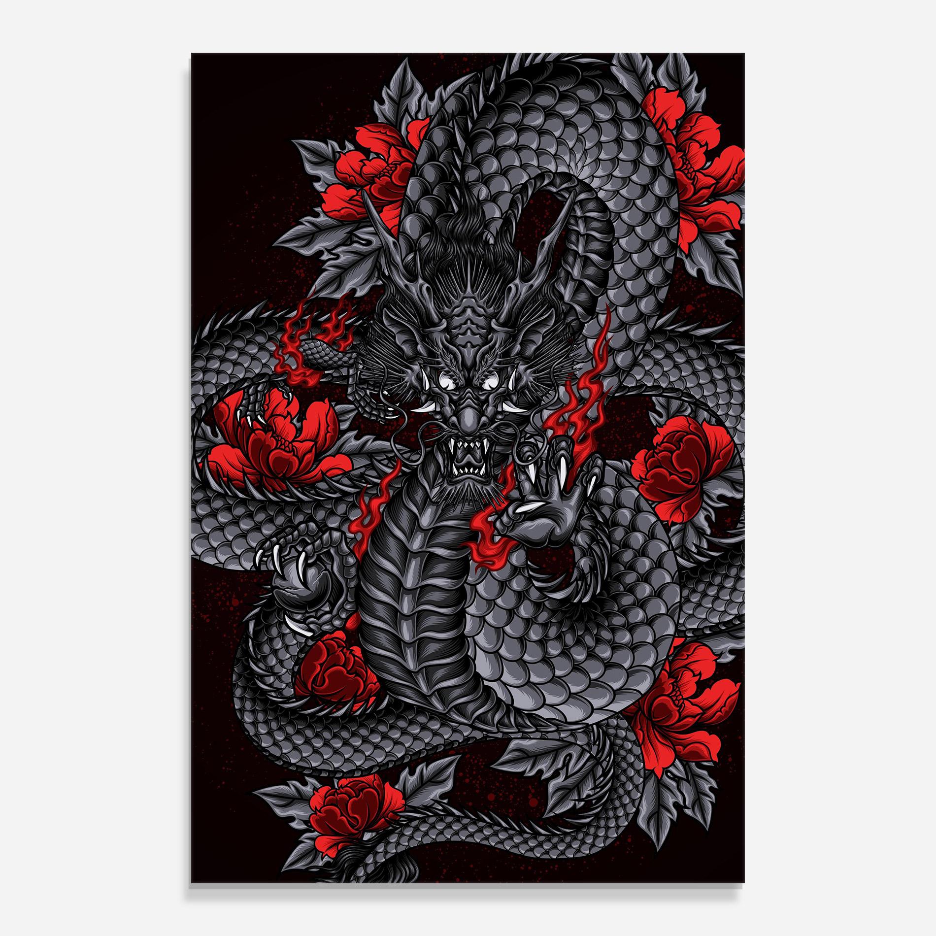 Стъклена картина Red Flower Dragon mockup 0