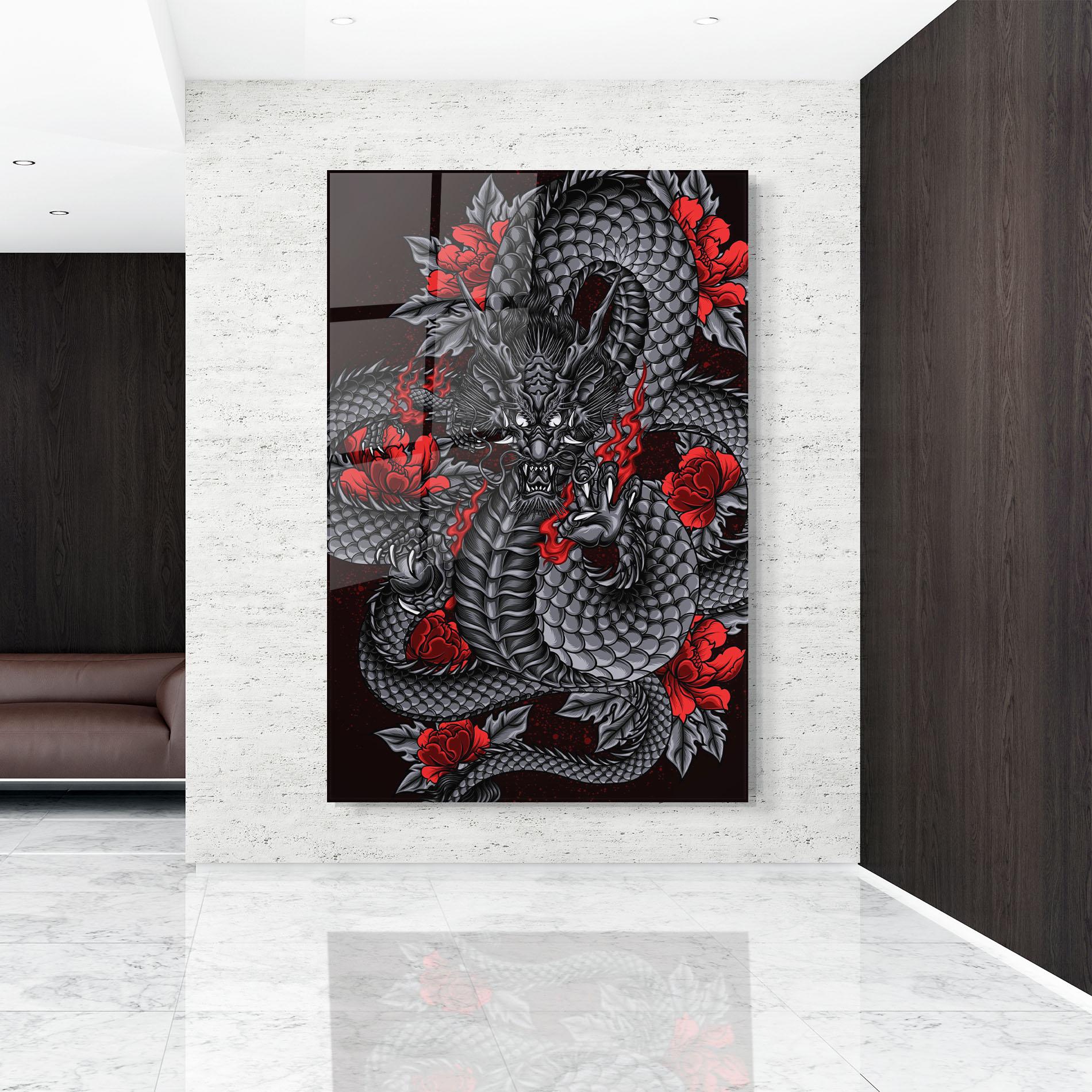 Стъклена картина Red Flower Dragon mockup 9
