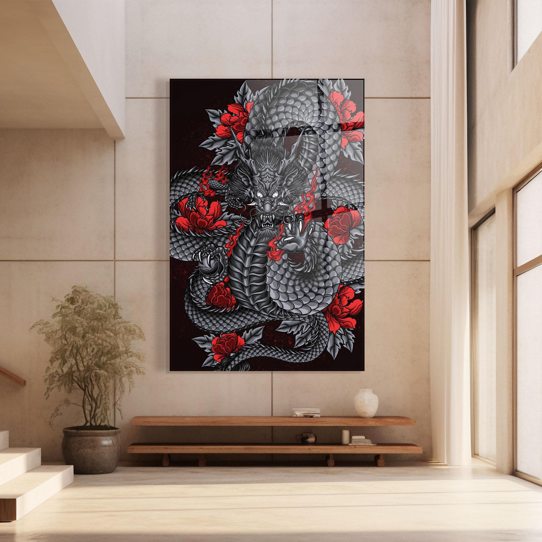 Стъклена картина Red Flower Dragon mockup 8