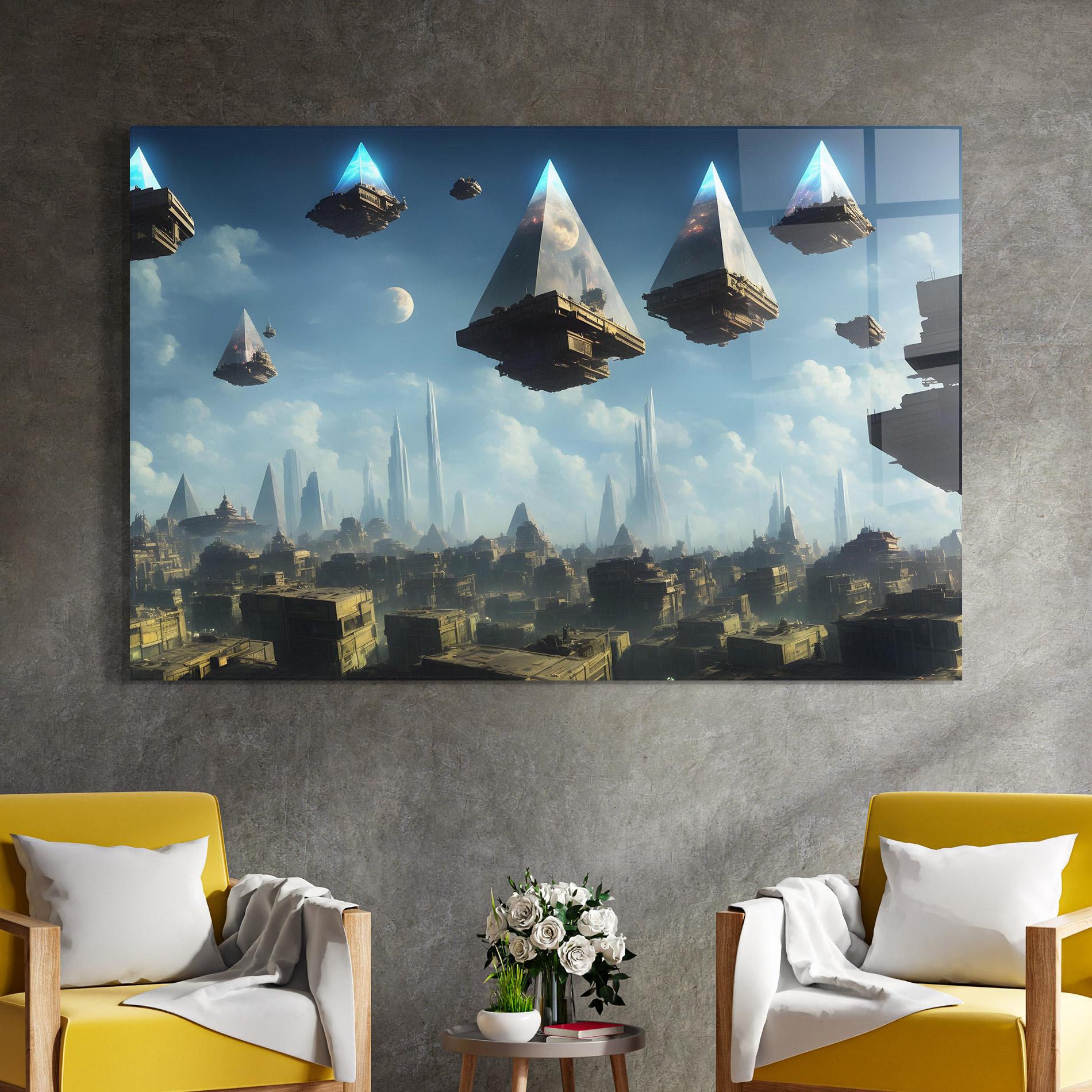 Стъклена картина Flying Piramids mockup 4