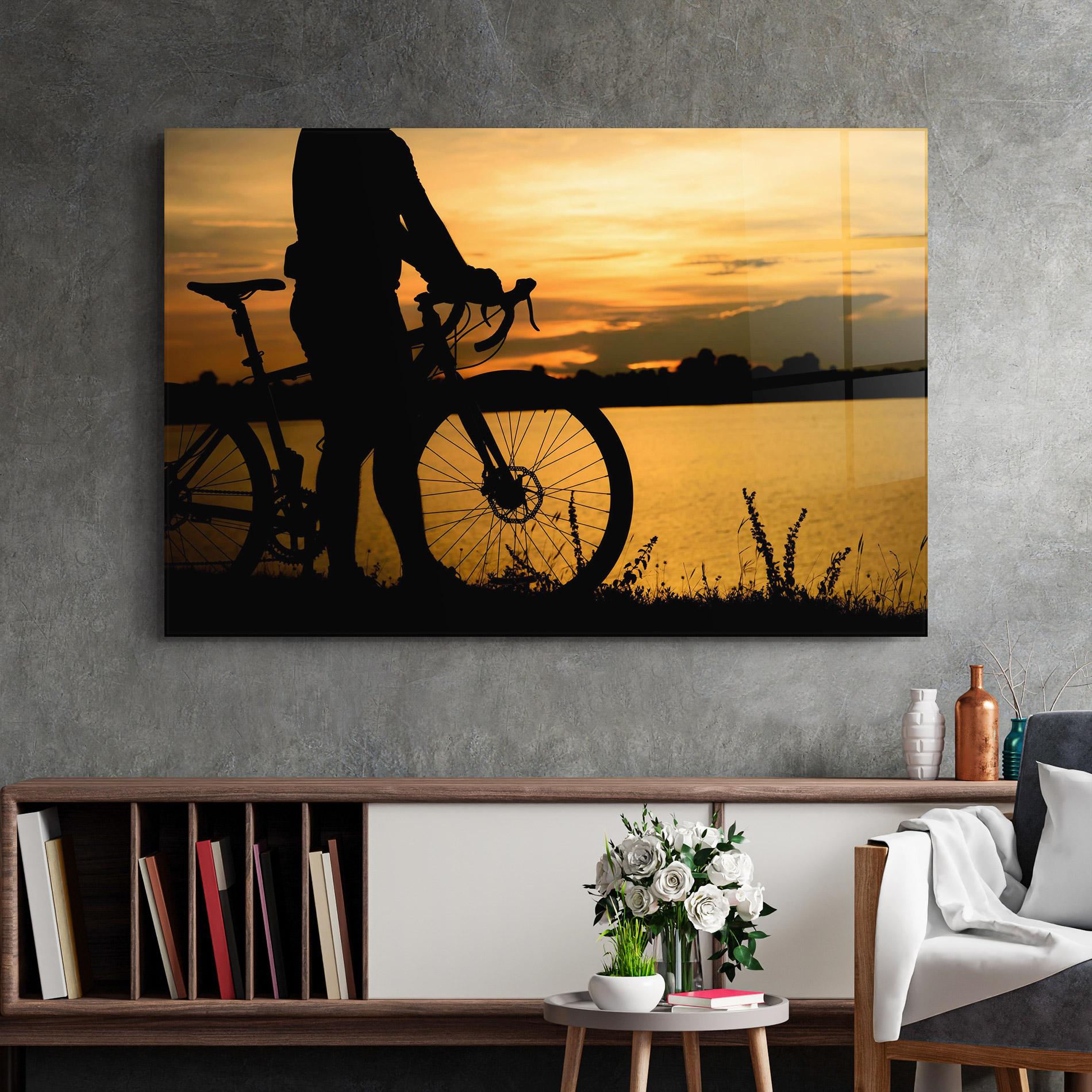 Стъклена картина Bicycle Sunset Silhouette mockup 2